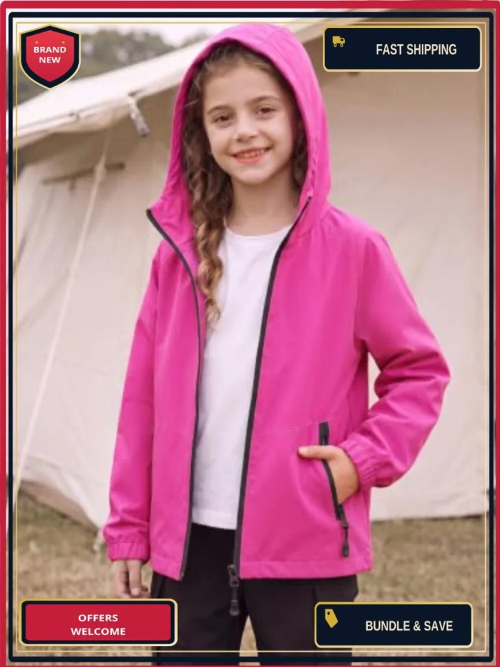 Girls Waterproof Rain Jacket Lightweight Zip Up Windbreaker Hooded